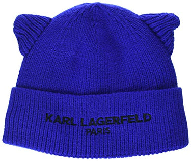 KARL LAGERFELD Damen Soft Cat Ear Pom Beanie-Mütze, Blau, Einheitsgröße im Sale